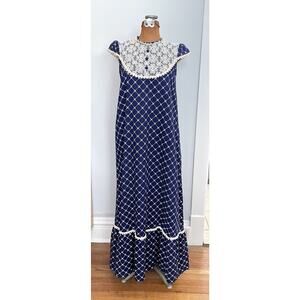 Liberty House Sz S Maxi Dress Blue Cotton Vintage Hawaii Cotton 70s Prairie Mumu